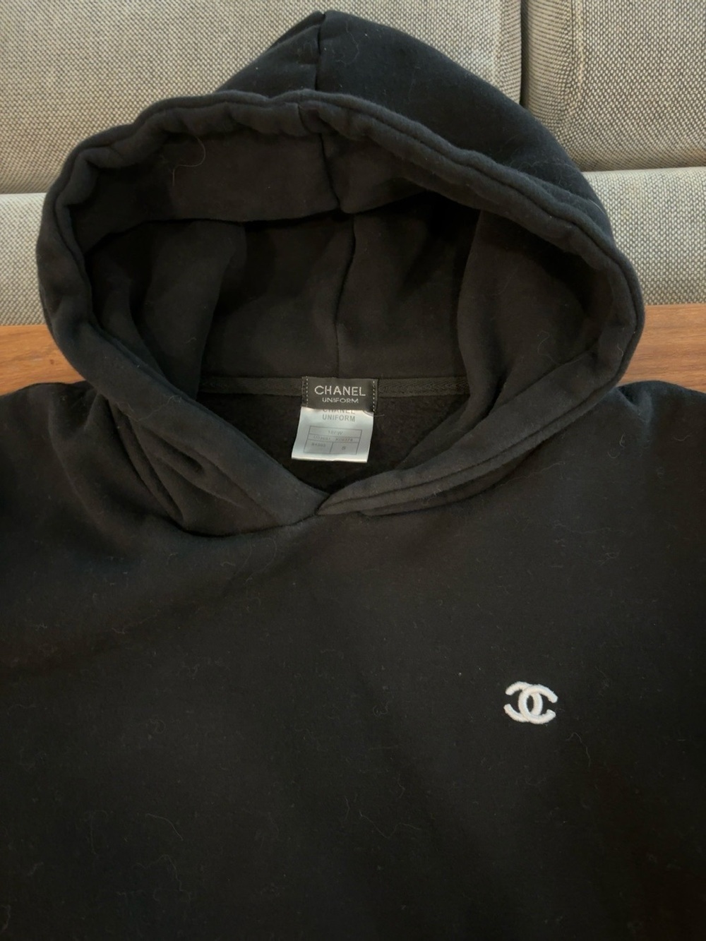 CHANEL Black Crewneck Hooded Sweatshirt with Small Logo - Picture 2 of 6